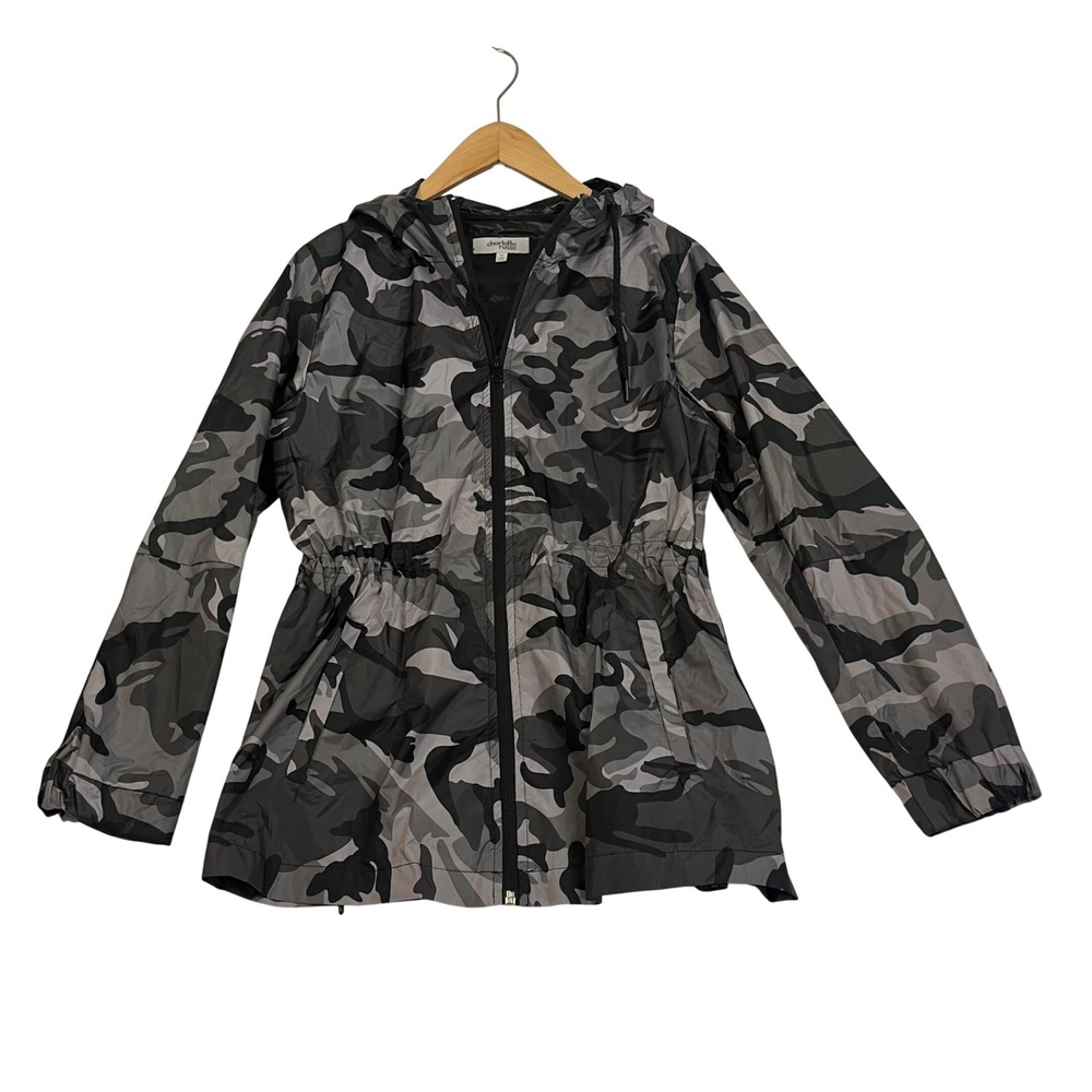 Charlotte Russe Womens Grey Camo Hooded Windbreaker Jacket Cinched Waist Medium